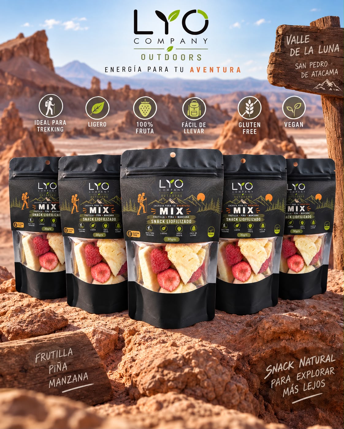 MIX Fruta Liofilizada Outdoors 30g x 5 un. | Frutilla, Piña y Manzana