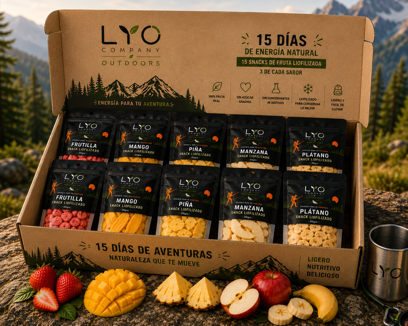 🍓🥭🍍🍏🍌 LYO Outdoors Box 15 Días – 15 Snacks de Fruta Liofilizada