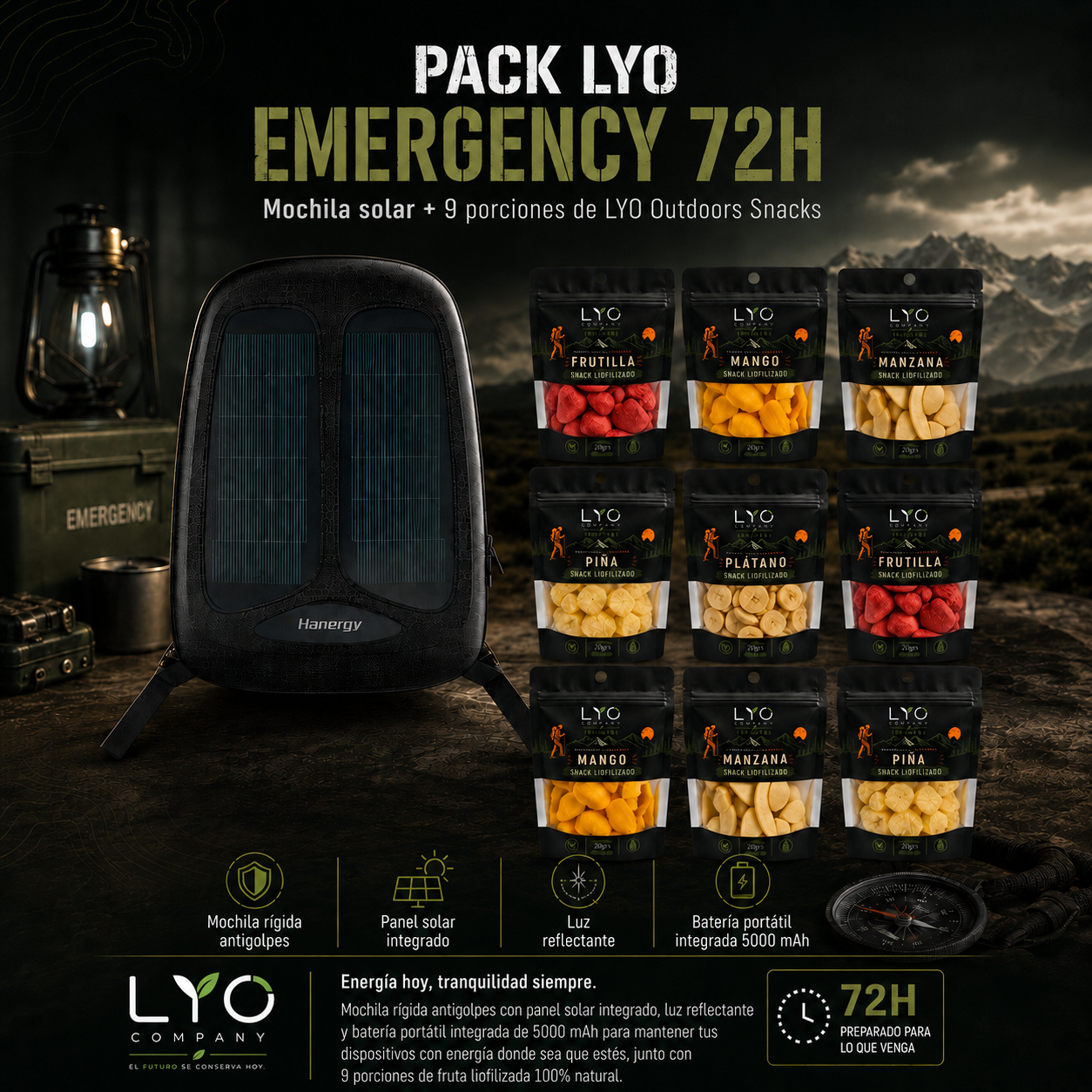 PACK MOCHILA SOLAR CON BATERIA INTEGRADA + 9 SNACKS DE REGALO